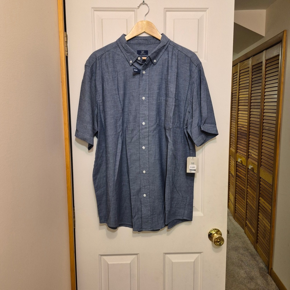George Mens Short Sleeve Button Down Shirt Blue Classic Fit Stretch XL 46-48 NWT
